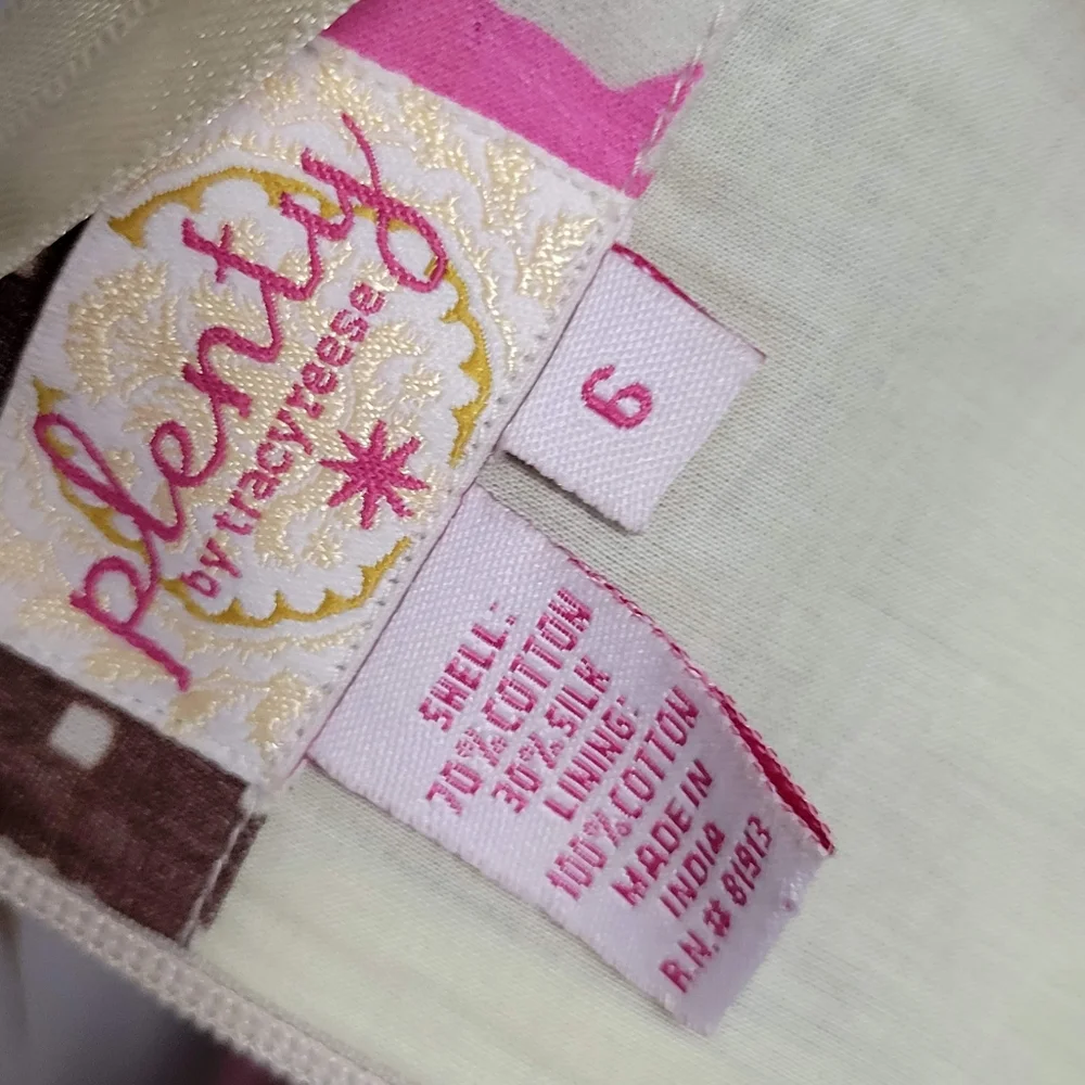 Anthro Plenty by Tracy Reese pink brown geo strapless silk blend dress size 6 - Picture 7 of 8